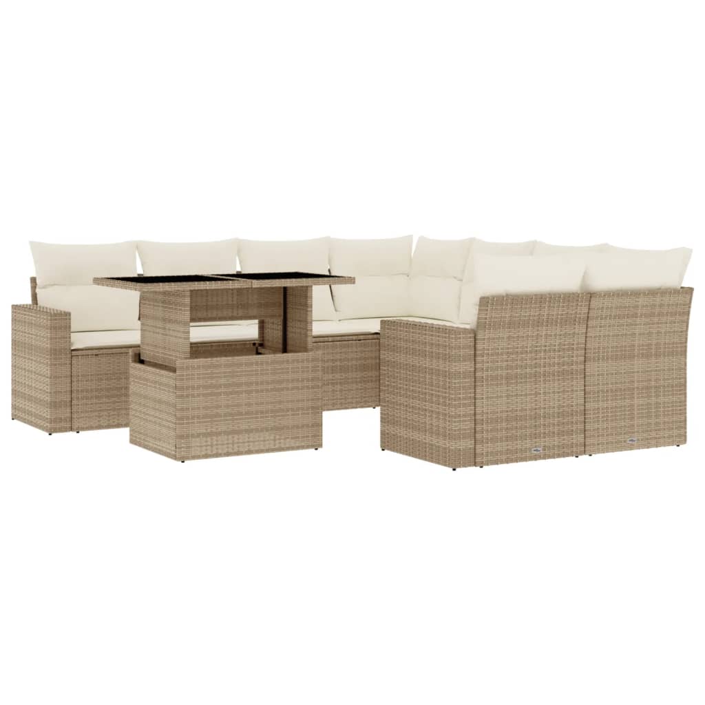 9-tlg. Garten-Sofagarnitur mit Kissen Beige Poly Rattan