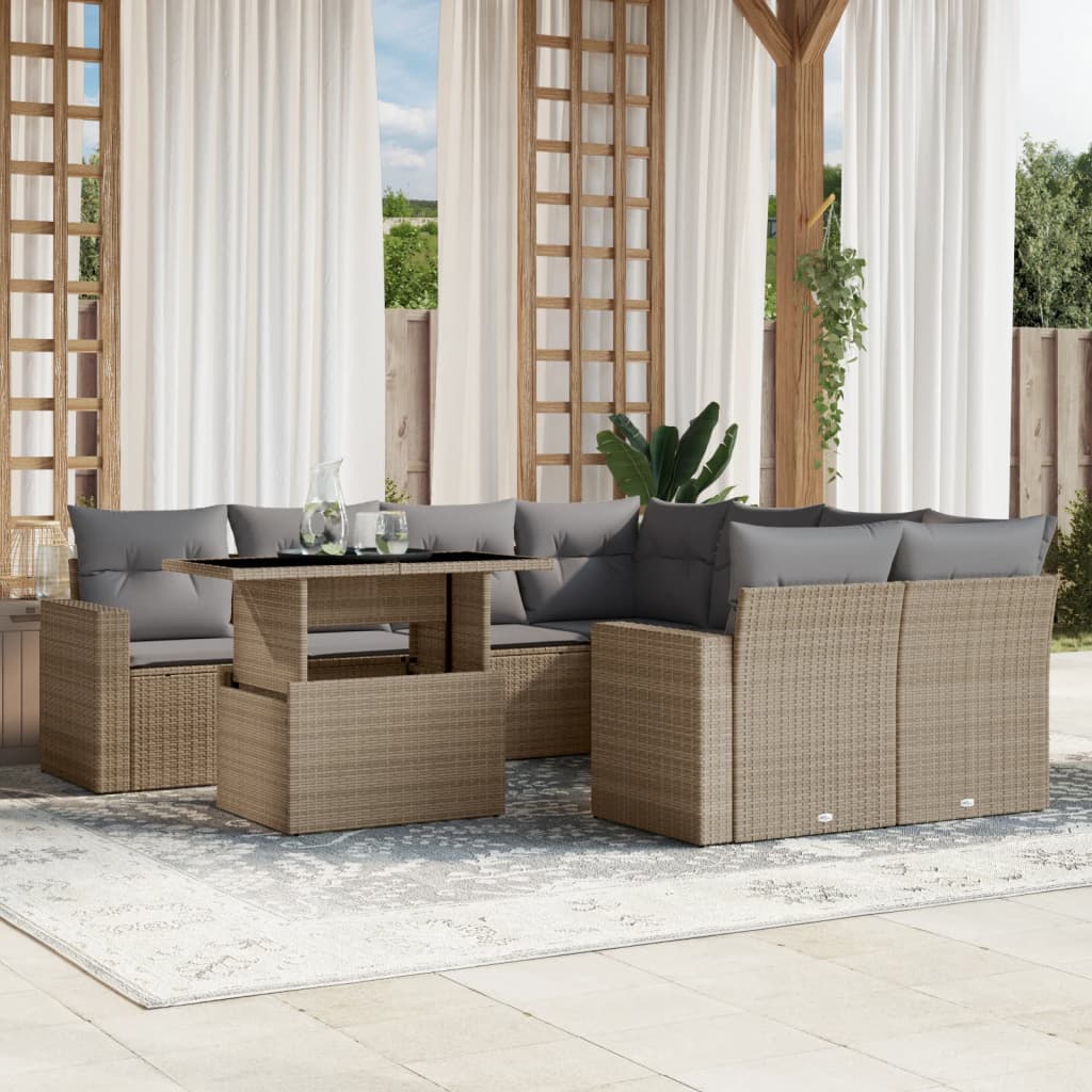 9-tlg. Garten-Sofagarnitur mit Kissen Beige Poly Rattan