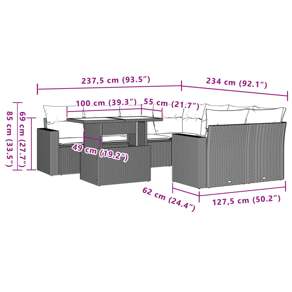 9-tlg. Garten-Sofagarnitur mit Kissen Hellgrau Poly Rattan