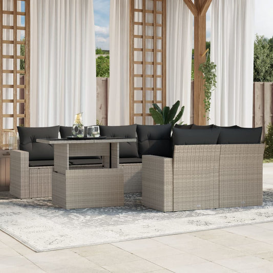 9-tlg. Garten-Sofagarnitur mit Kissen Hellgrau Poly Rattan