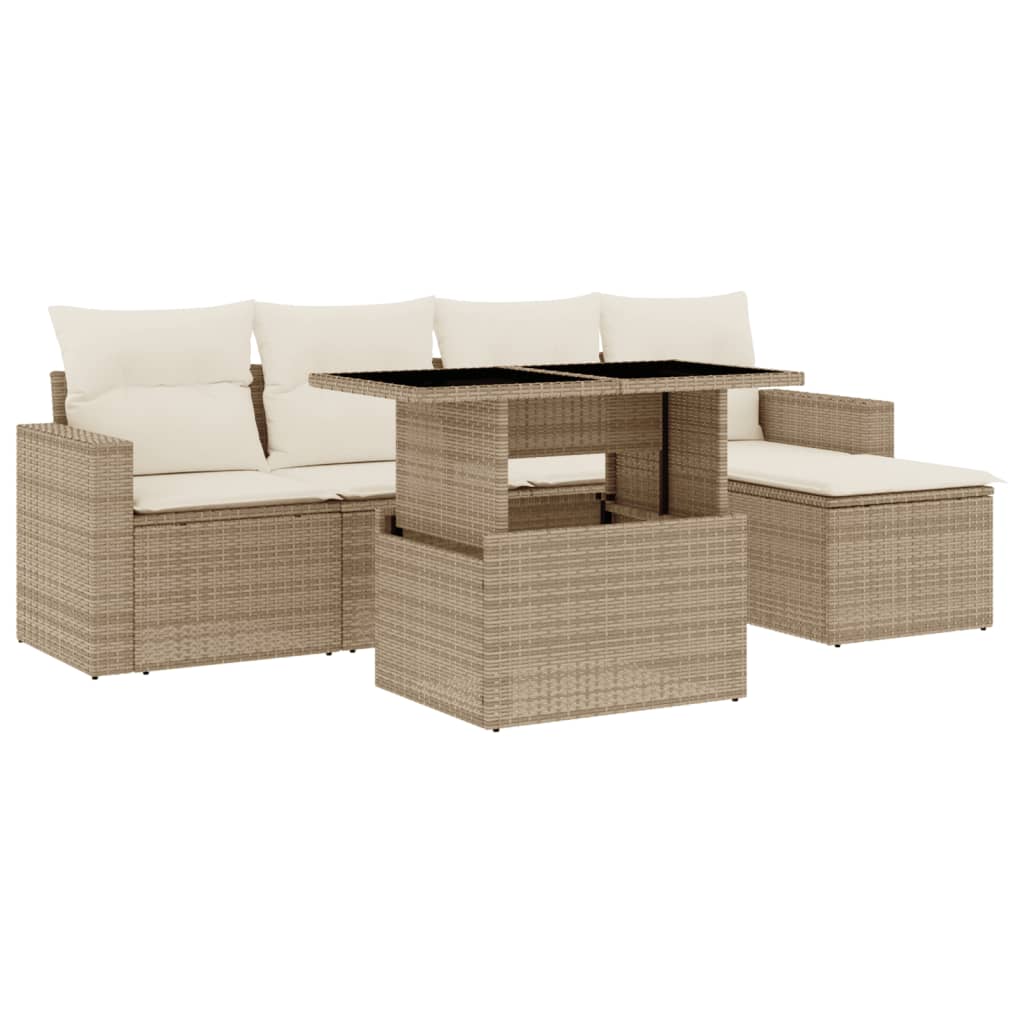 6-tlg. Garten-Sofagarnitur mit Kissen Beige Poly Rattan