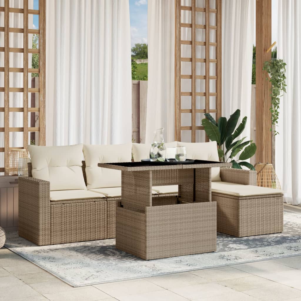 6-tlg. Garten-Sofagarnitur mit Kissen Beige Poly Rattan