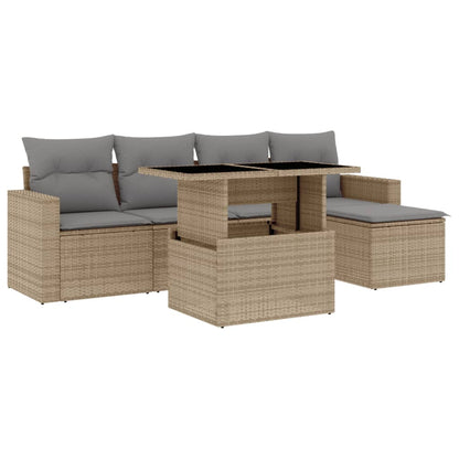 6-tlg. Garten-Sofagarnitur mit Kissen Beige Poly Rattan