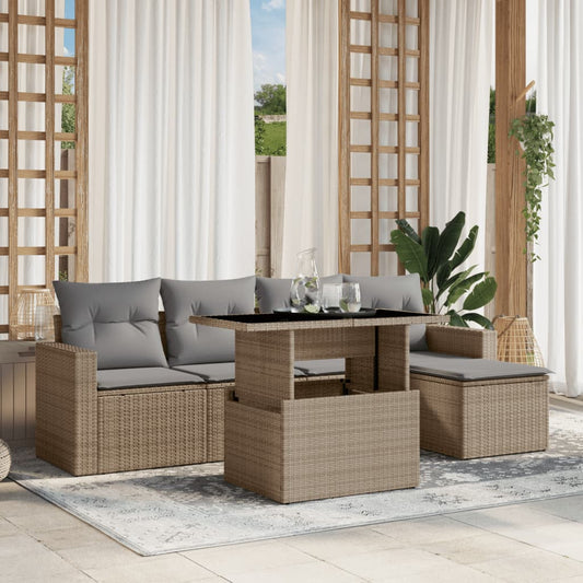 6-tlg. Garten-Sofagarnitur mit Kissen Beige Poly Rattan