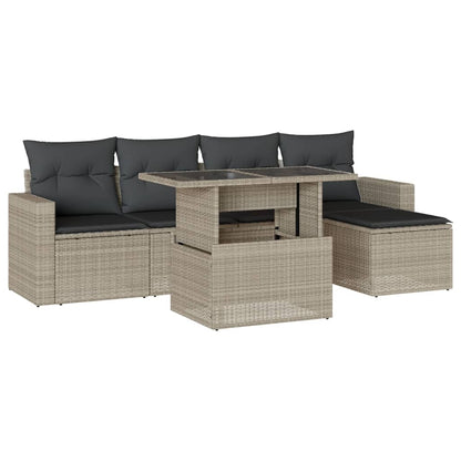 6-tlg. Garten-Sofagarnitur mit Kissen Hellgrau Poly Rattan