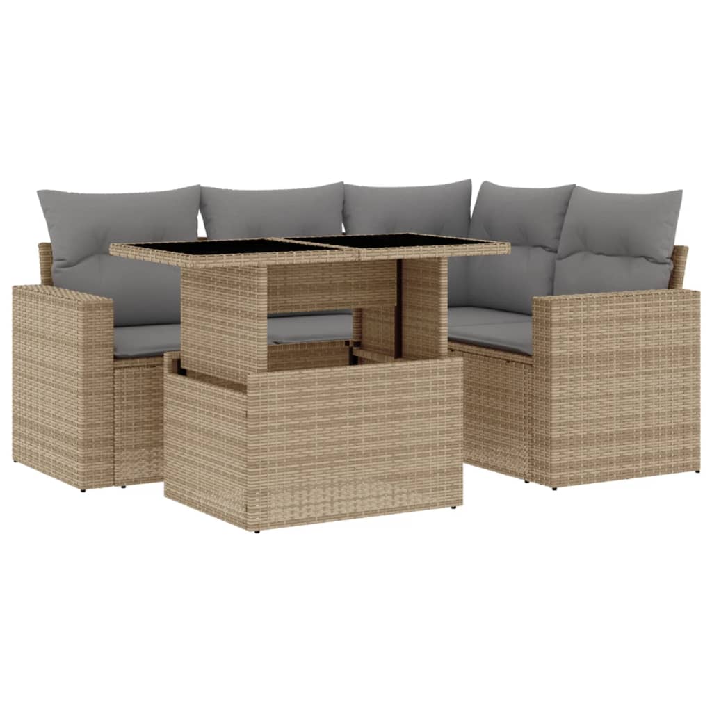 5-tlg. Garten-Sofagarnitur mit Kissen Beige Poly Rattan