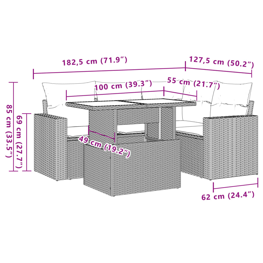 5-tlg. Garten-Sofagarnitur mit Kissen Beige Poly Rattan