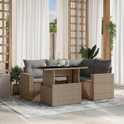 5-tlg. Garten-Sofagarnitur mit Kissen Beige Poly Rattan