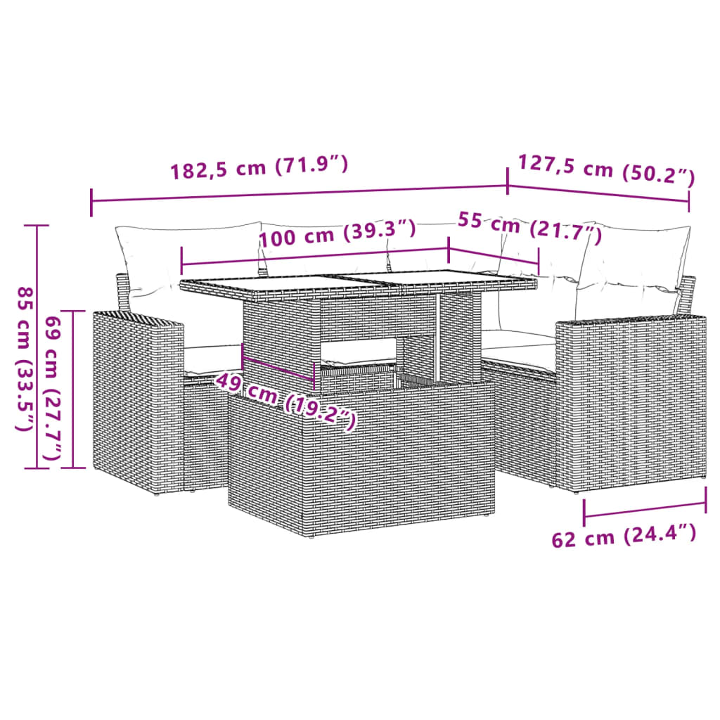 5-tlg. Garten-Sofagarnitur mit Kissen Braun Poly Rattan