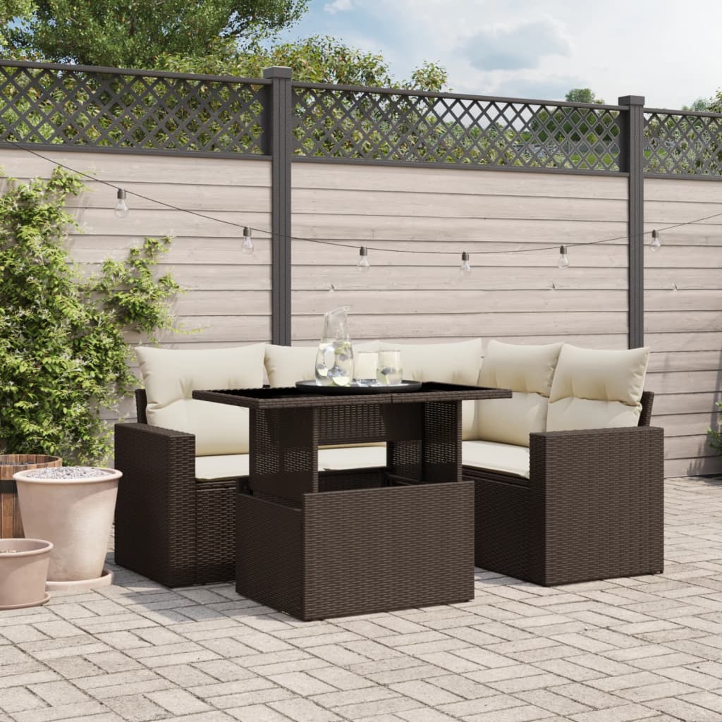 5-tlg. Garten-Sofagarnitur mit Kissen Braun Poly Rattan