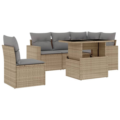 6-tlg. Garten-Sofagarnitur mit Kissen Beige Poly Rattan