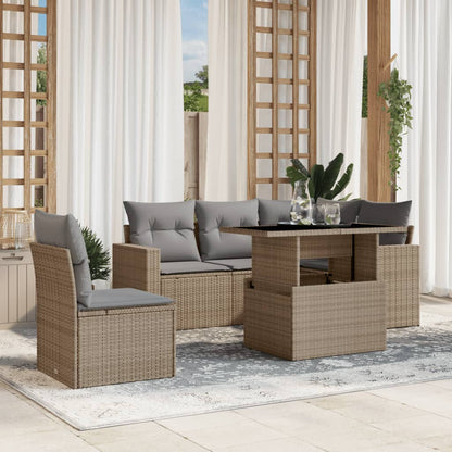 6-tlg. Garten-Sofagarnitur mit Kissen Beige Poly Rattan