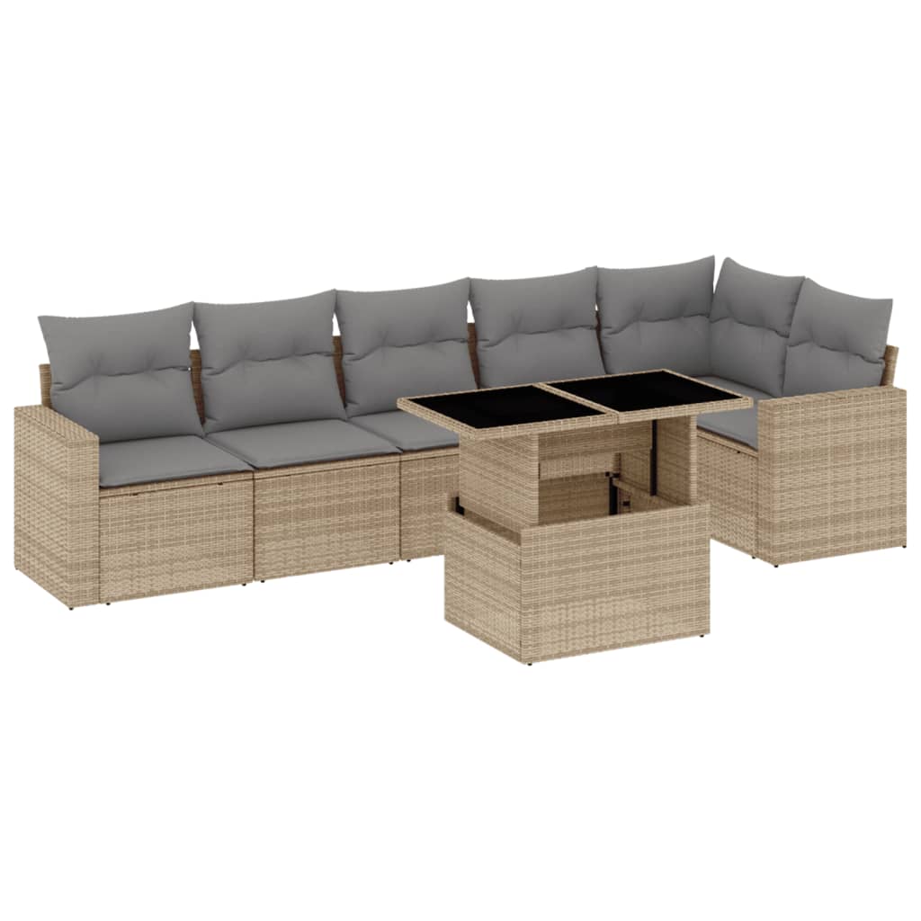 7-tlg. Garten-Sofagarnitur mit Kissen Beige Poly Rattan