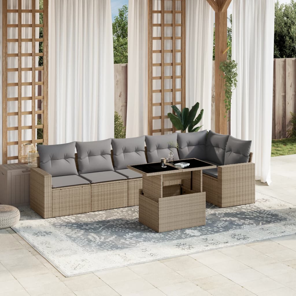 7-tlg. Garten-Sofagarnitur mit Kissen Beige Poly Rattan