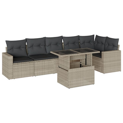 7-tlg. Garten-Sofagarnitur mit Kissen Hellgrau Poly Rattan