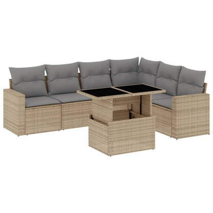 7-tlg. Garten-Sofagarnitur mit Kissen Beige Poly Rattan