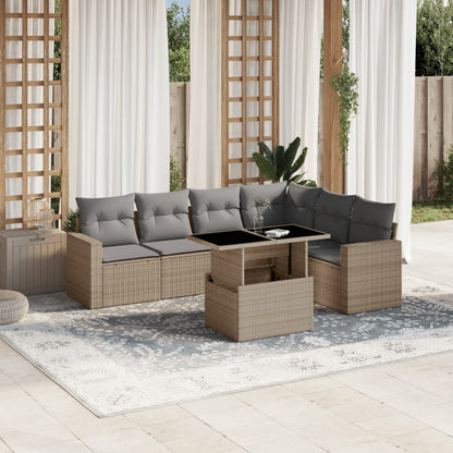 7-tlg. Garten-Sofagarnitur mit Kissen Beige Poly Rattan