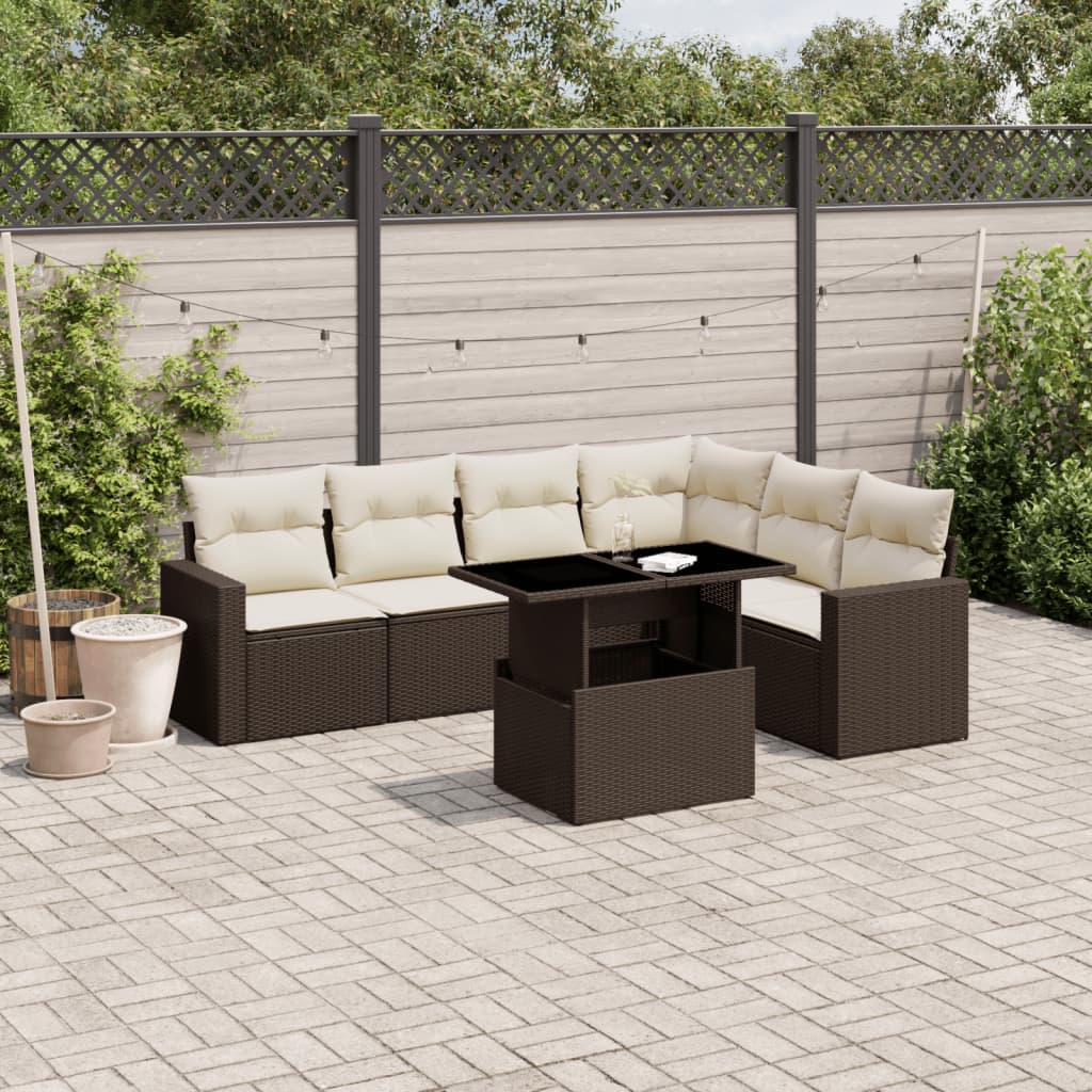 7-tlg. Garten-Sofagarnitur mit Kissen Braun Poly Rattan