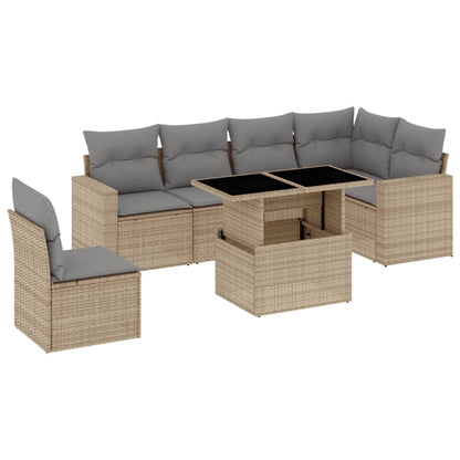 7-tlg. Garten-Sofagarnitur mit Kissen Beige Poly Rattan