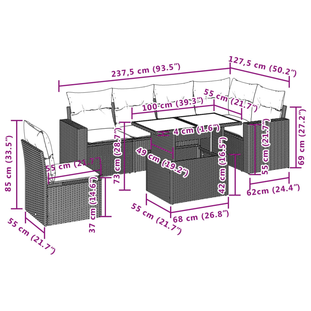 7-tlg. Garten-Sofagarnitur mit Kissen Hellgrau Poly Rattan