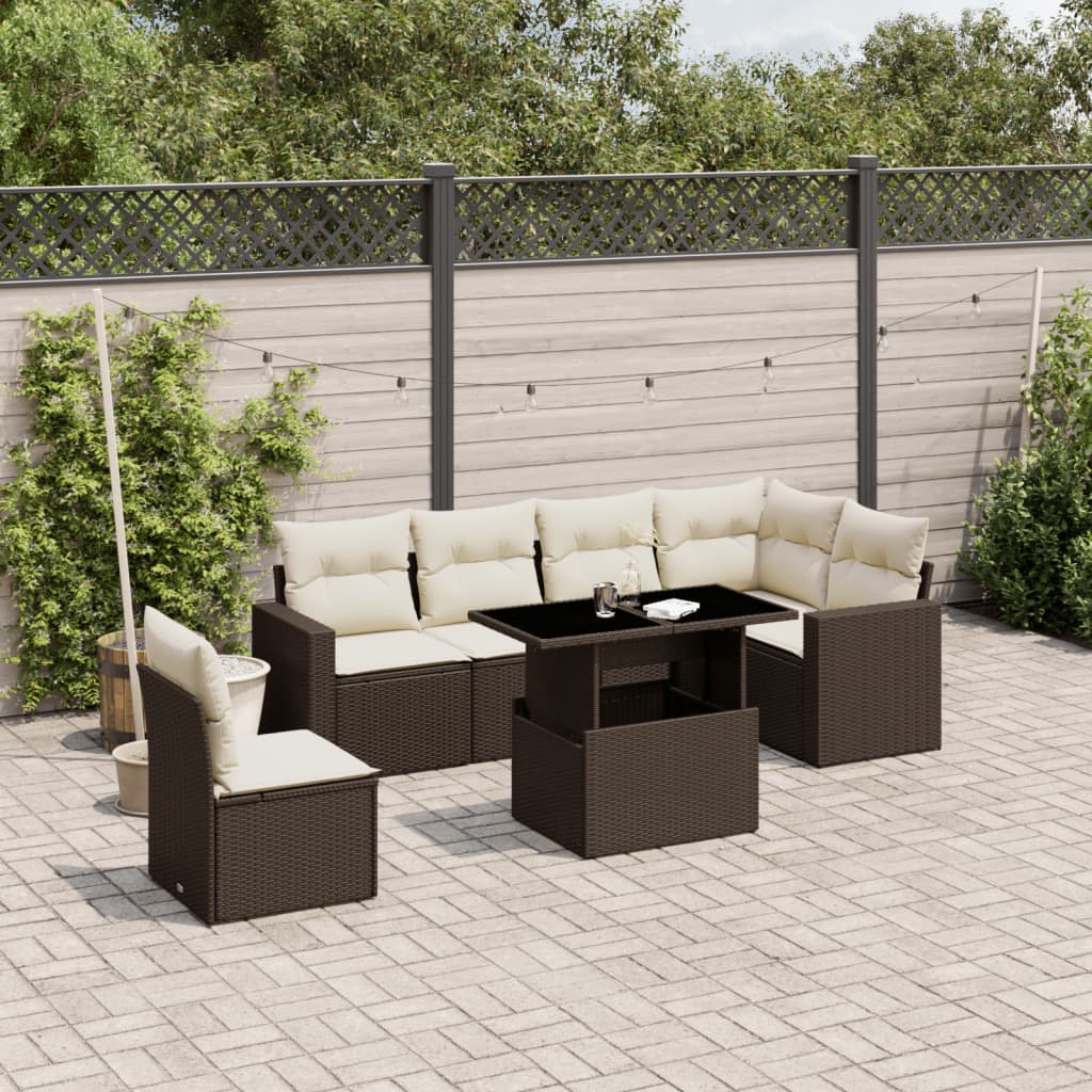 7-tlg. Garten-Sofagarnitur mit Kissen Braun Poly Rattan