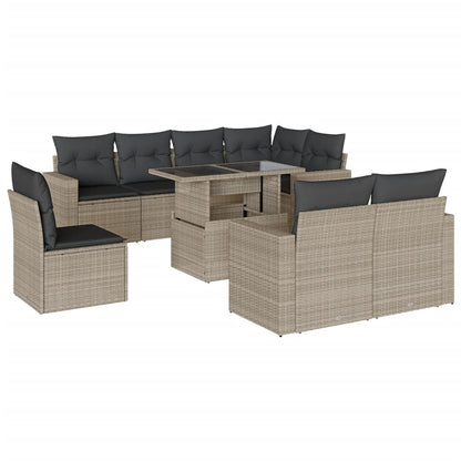 9-tlg. Garten-Sofagarnitur mit Kissen Hellgrau Poly Rattan