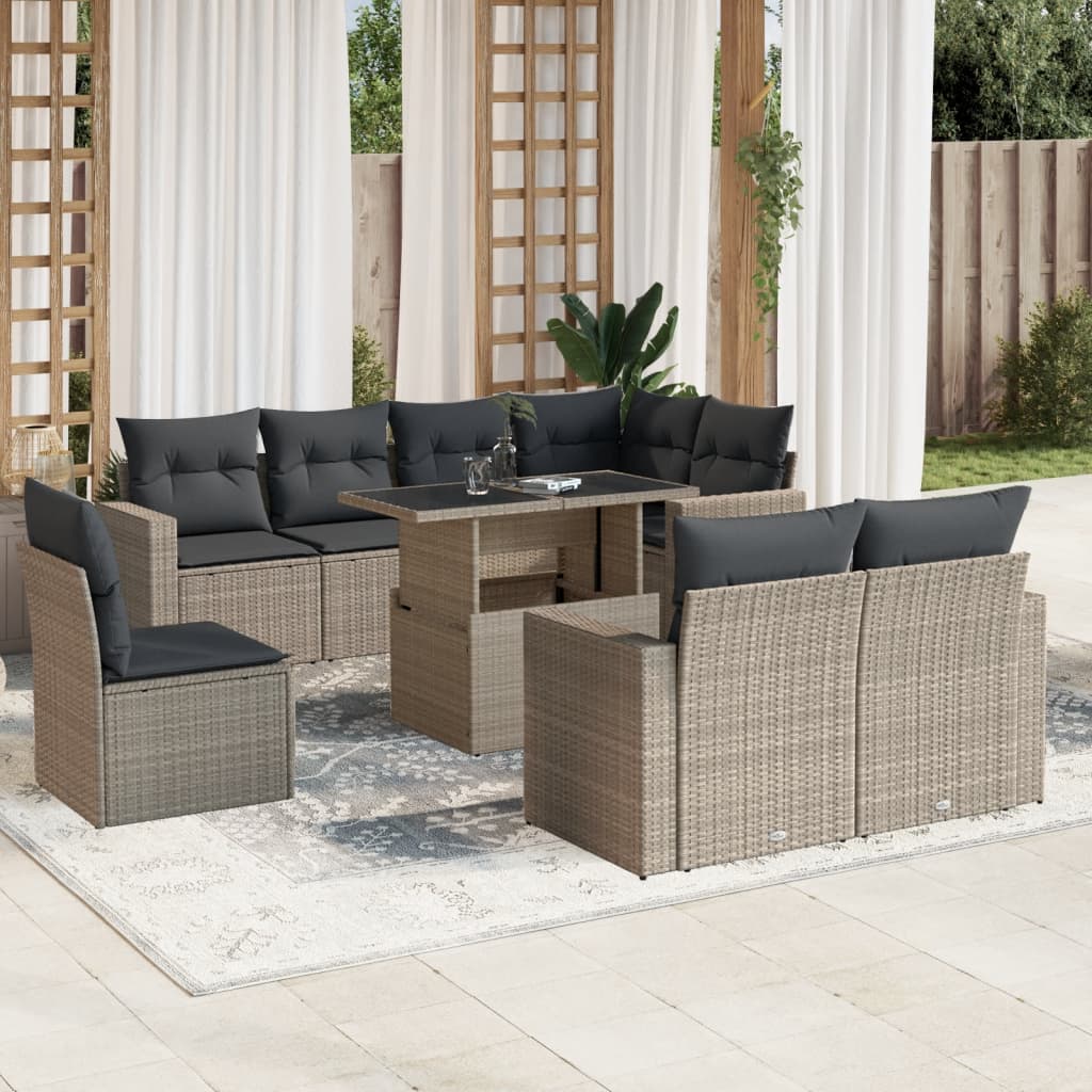 9-tlg. Garten-Sofagarnitur mit Kissen Hellgrau Poly Rattan