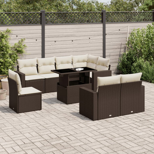 9-tlg. Garten-Sofagarnitur mit Kissen Braun Poly Rattan