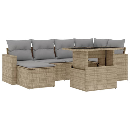 7-tlg. Garten-Sofagarnitur mit Kissen Beige Poly Rattan