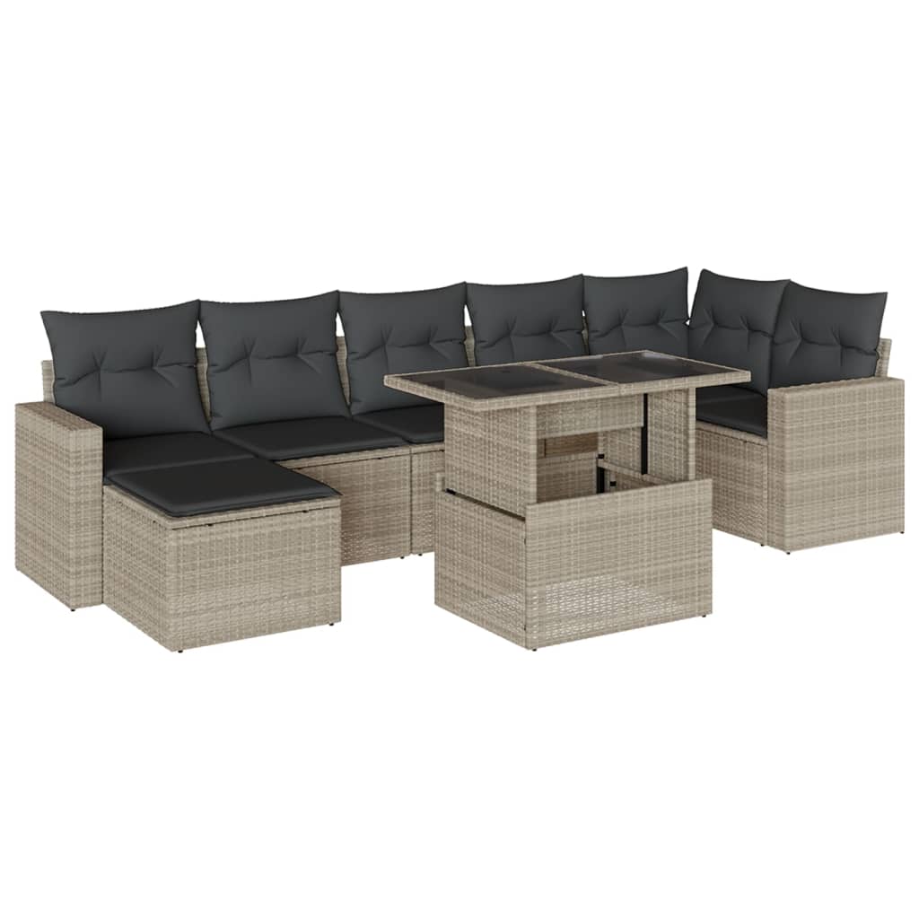 8-tlg. Garten-Sofagarnitur mit Kissen Hellgrau Poly Rattan