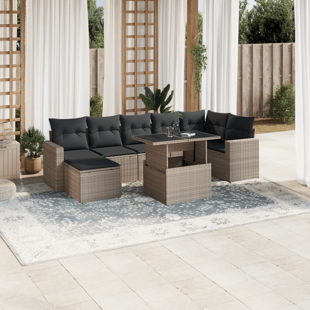 8-tlg. Garten-Sofagarnitur mit Kissen Hellgrau Poly Rattan