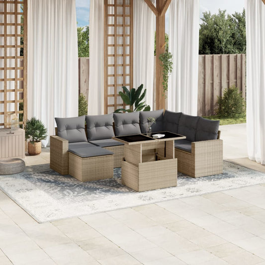 8-tlg. Garten-Sofagarnitur mit Kissen Beige Poly Rattan