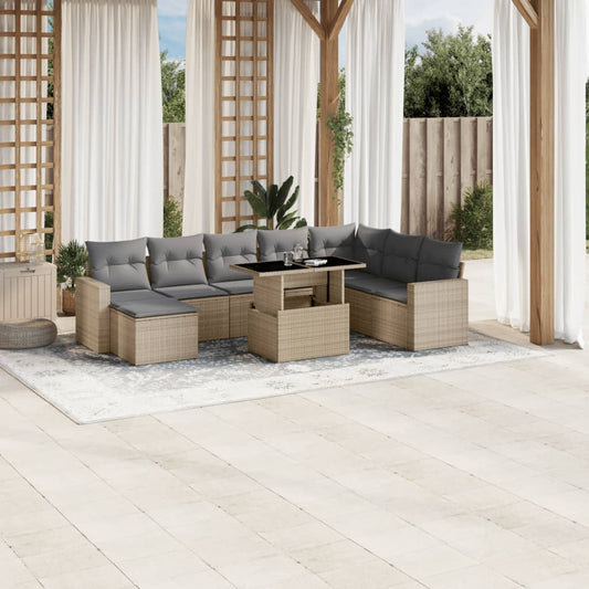 9-tlg. Garten-Sofagarnitur mit Kissen Beige Poly Rattan