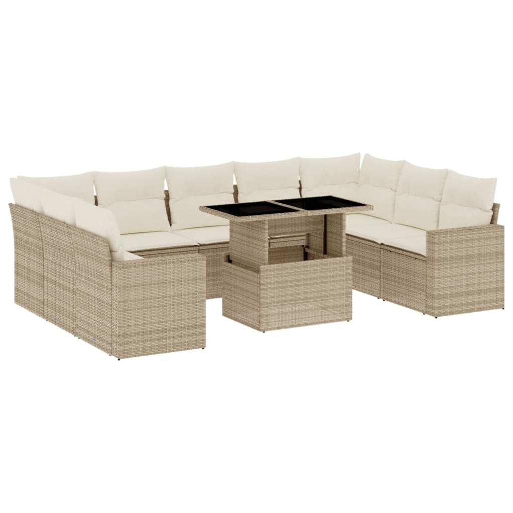 10-tlg. Garten-Sofagarnitur mit Kissen Beige Poly Rattan