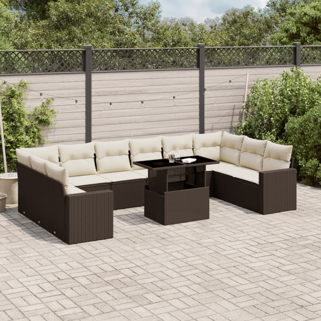 11-tlg. Garten-Sofagarnitur mit Kissen Braun Poly Rattan