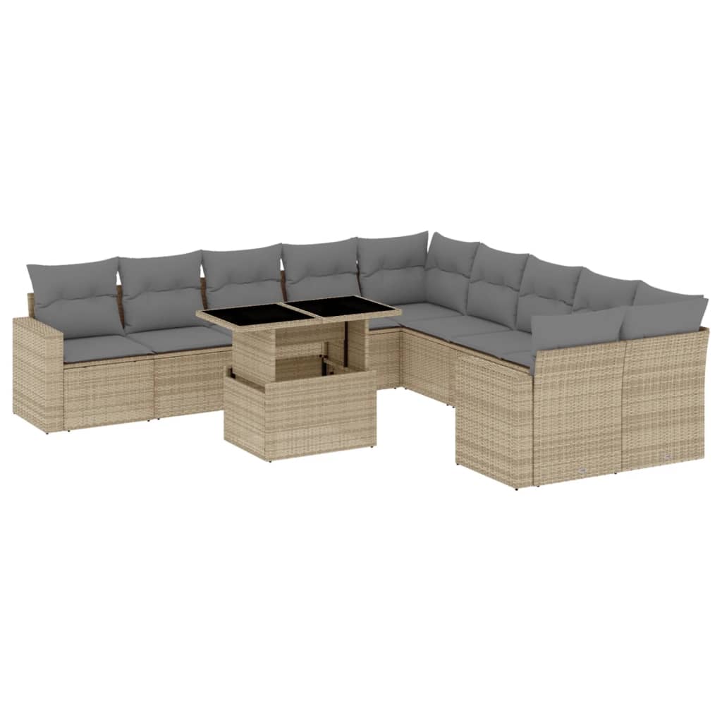 11-tlg. Garten-Sofagarnitur mit Kissen Beige Poly Rattan