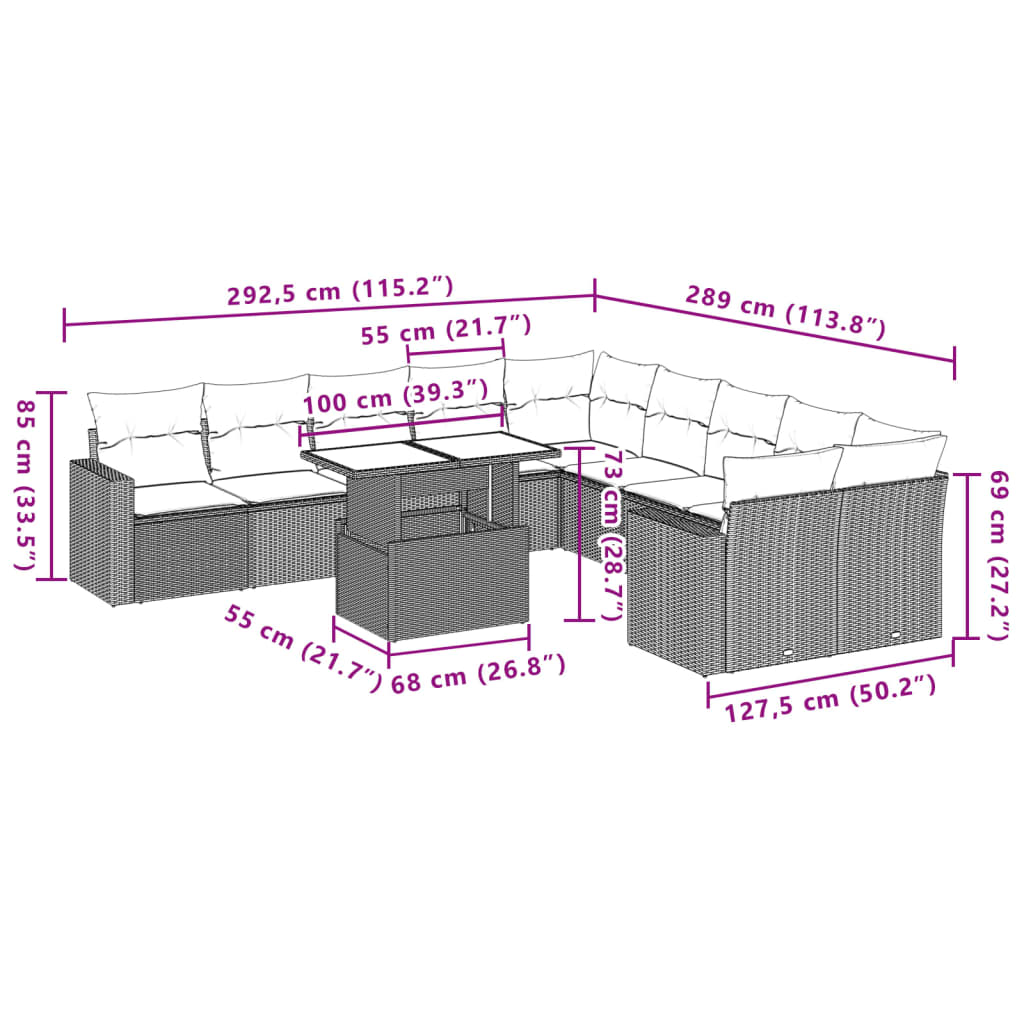 11-tlg. Garten-Sofagarnitur mit Kissen Beige Poly Rattan