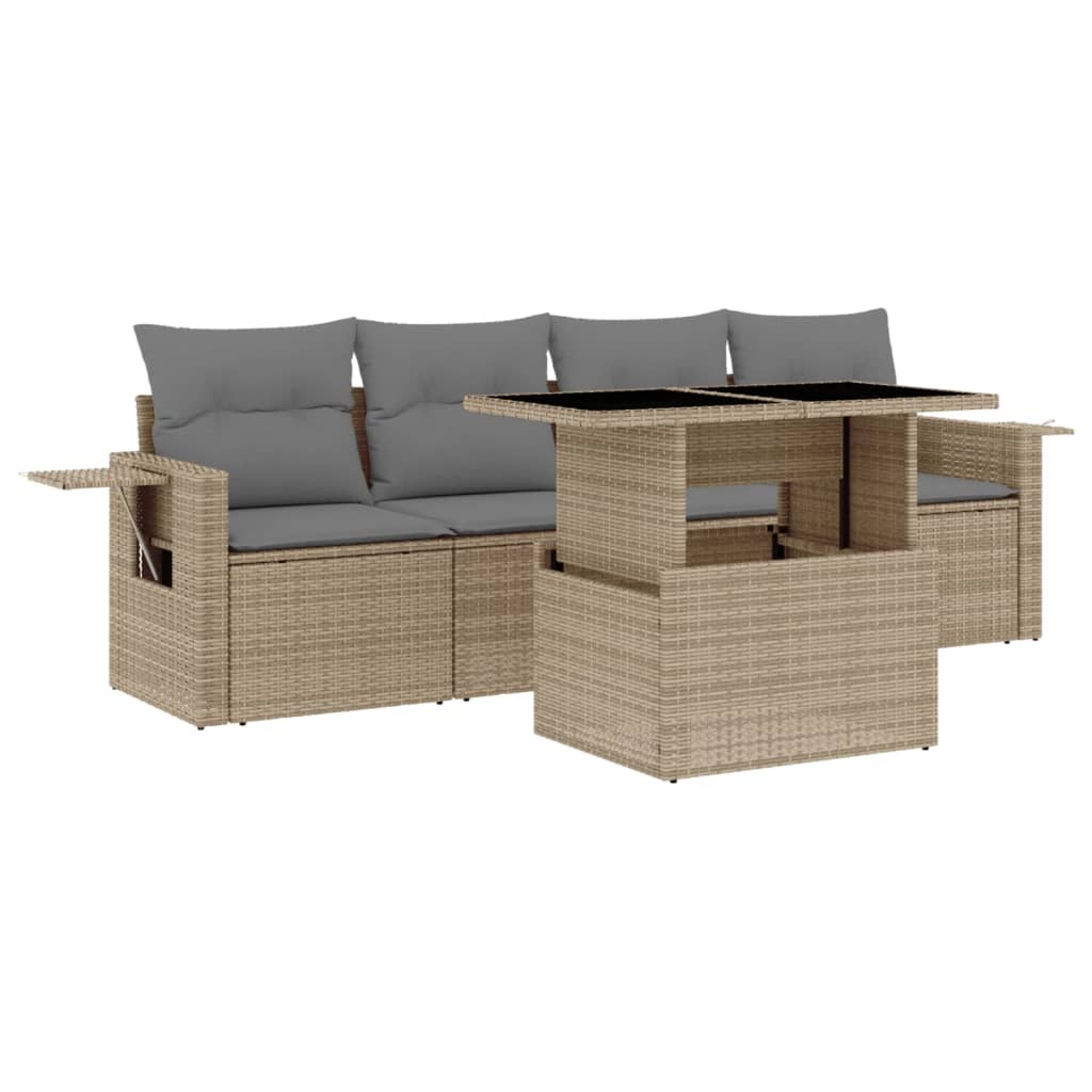 5-tlg. Garten-Sofagarnitur mit Kissen Beige Poly Rattan