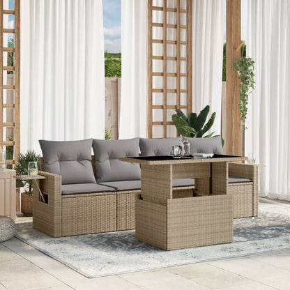 5-tlg. Garten-Sofagarnitur mit Kissen Beige Poly Rattan