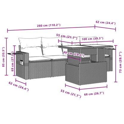 5-tlg. Garten-Sofagarnitur mit Kissen Braun Poly Rattan