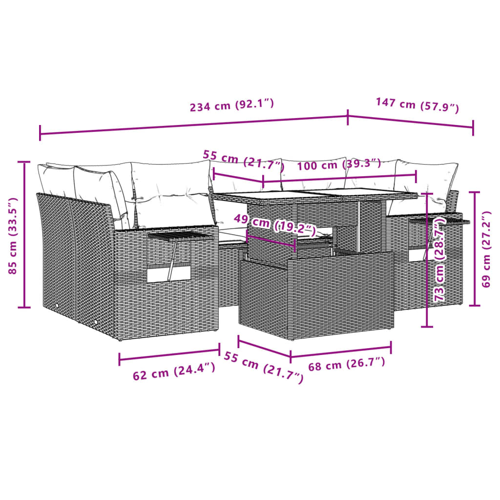 7-tlg. Garten-Sofagarnitur mit Kissen Hellgrau Poly Rattan