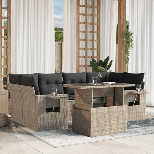 7-tlg. Garten-Sofagarnitur mit Kissen Hellgrau Poly Rattan