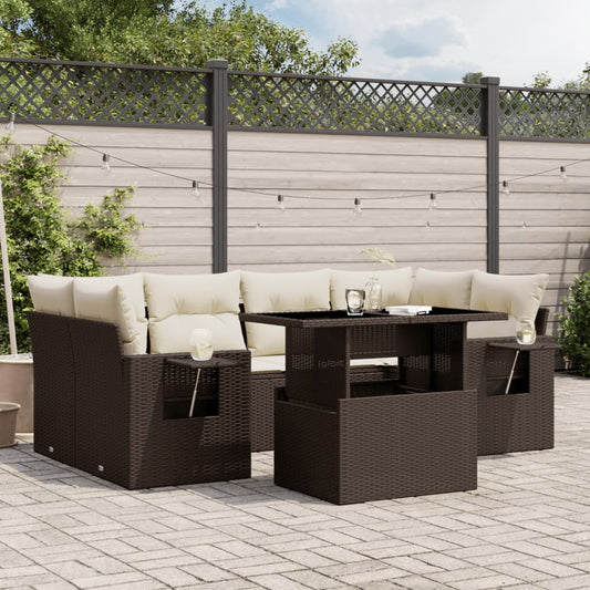 7-tlg. Garten-Sofagarnitur mit Kissen Braun Poly Rattan