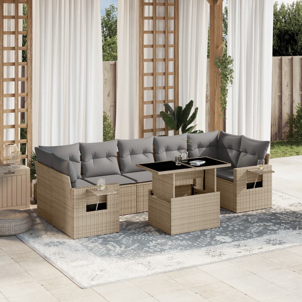 8-tlg. Garten-Sofagarnitur mit Kissen Beige Poly Rattan