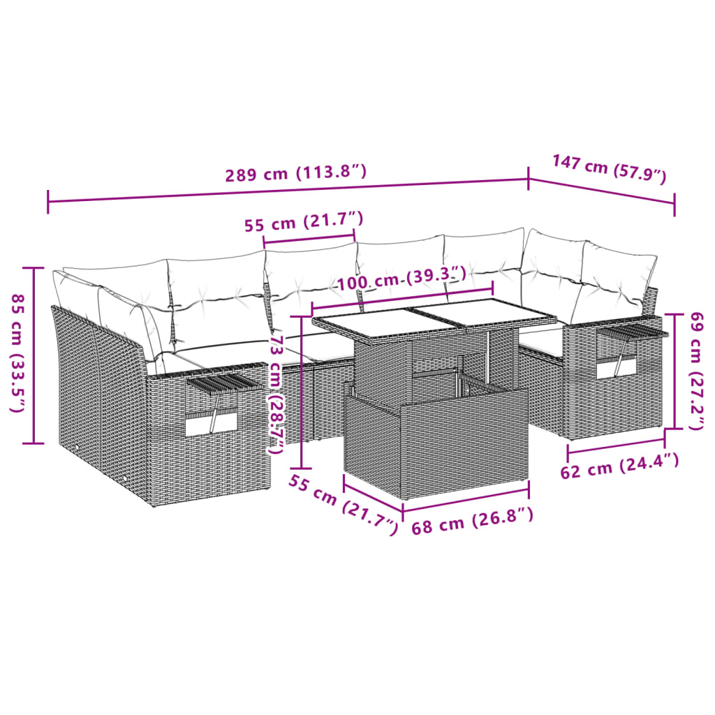 8-tlg. Garten-Sofagarnitur mit Kissen Hellgrau Poly Rattan