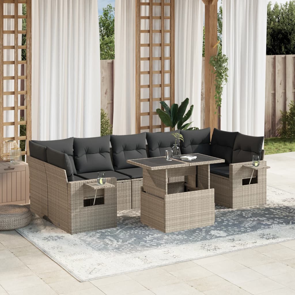 8-tlg. Garten-Sofagarnitur mit Kissen Hellgrau Poly Rattan