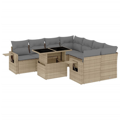 9-tlg. Garten-Sofagarnitur mit Kissen Beige Poly Rattan