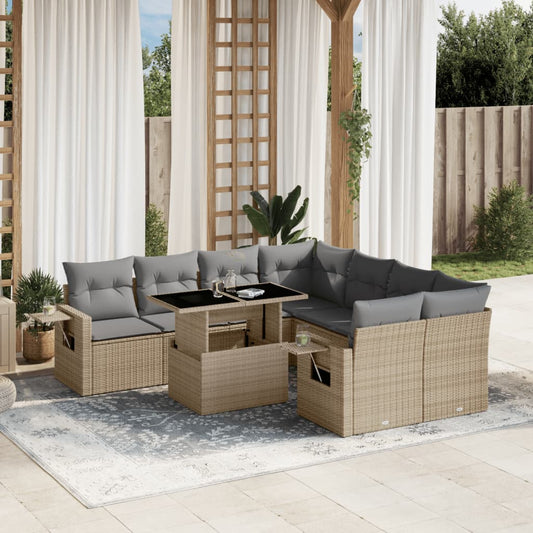 9-tlg. Garten-Sofagarnitur mit Kissen Beige Poly Rattan