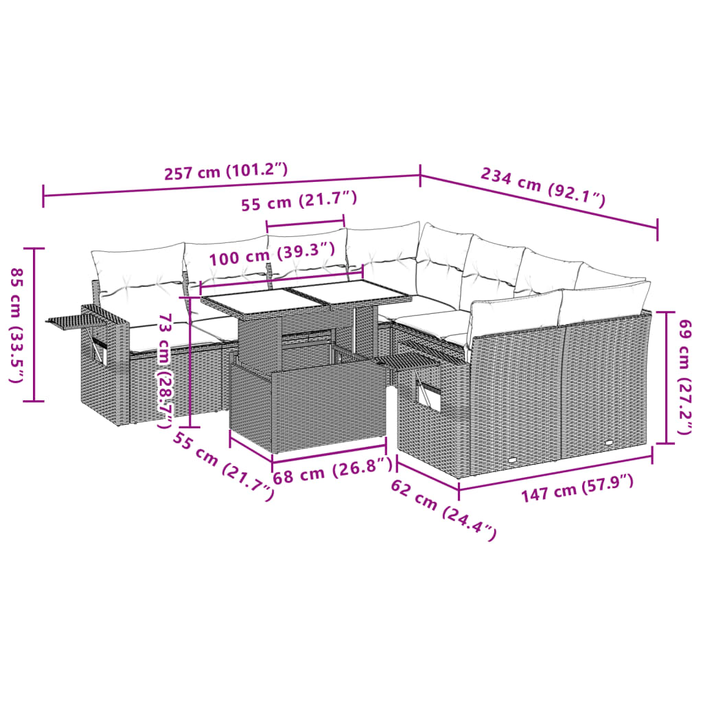 9-tlg. Garten-Sofagarnitur mit Kissen Braun Poly Rattan