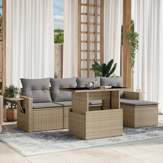 6-tlg. Garten-Sofagarnitur mit Kissen Beige Poly Rattan